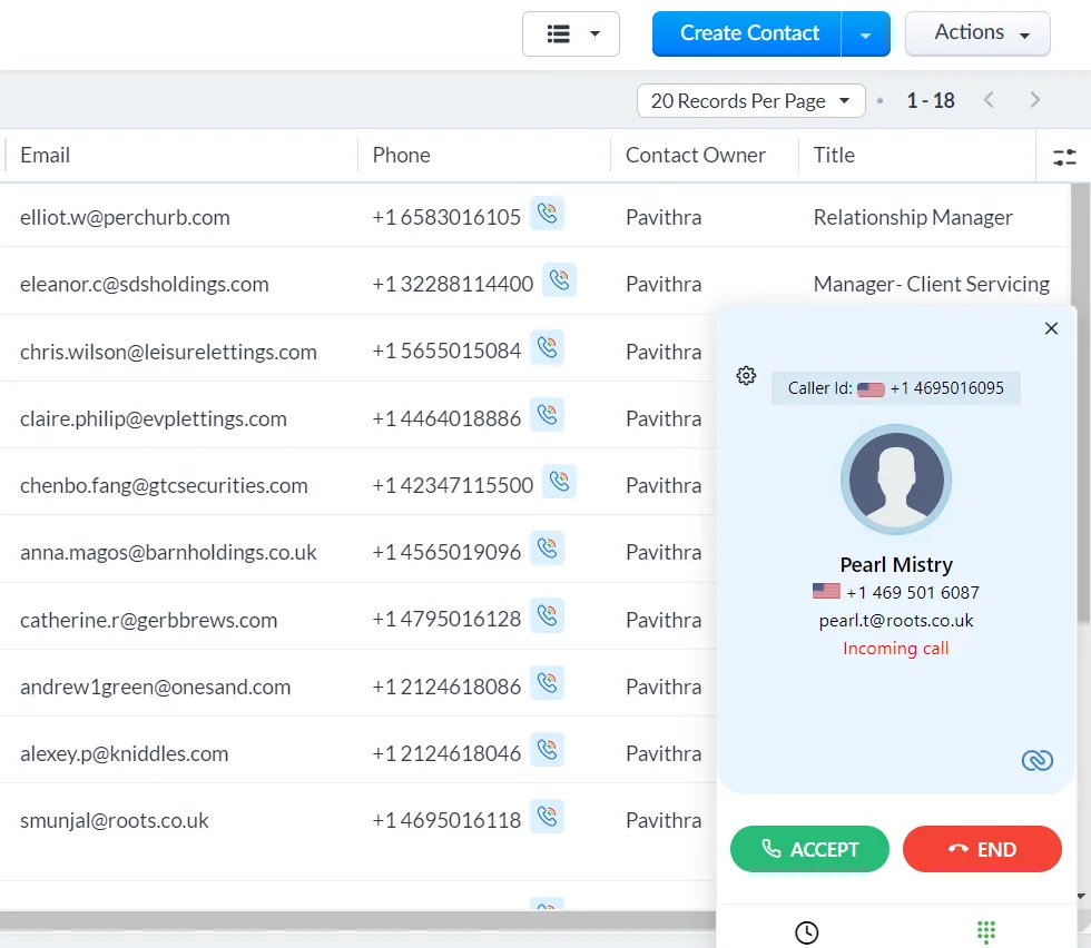 Zoho CRM screenshot: the contact list with an incoming call window showing the caller’s name and number (demo data).