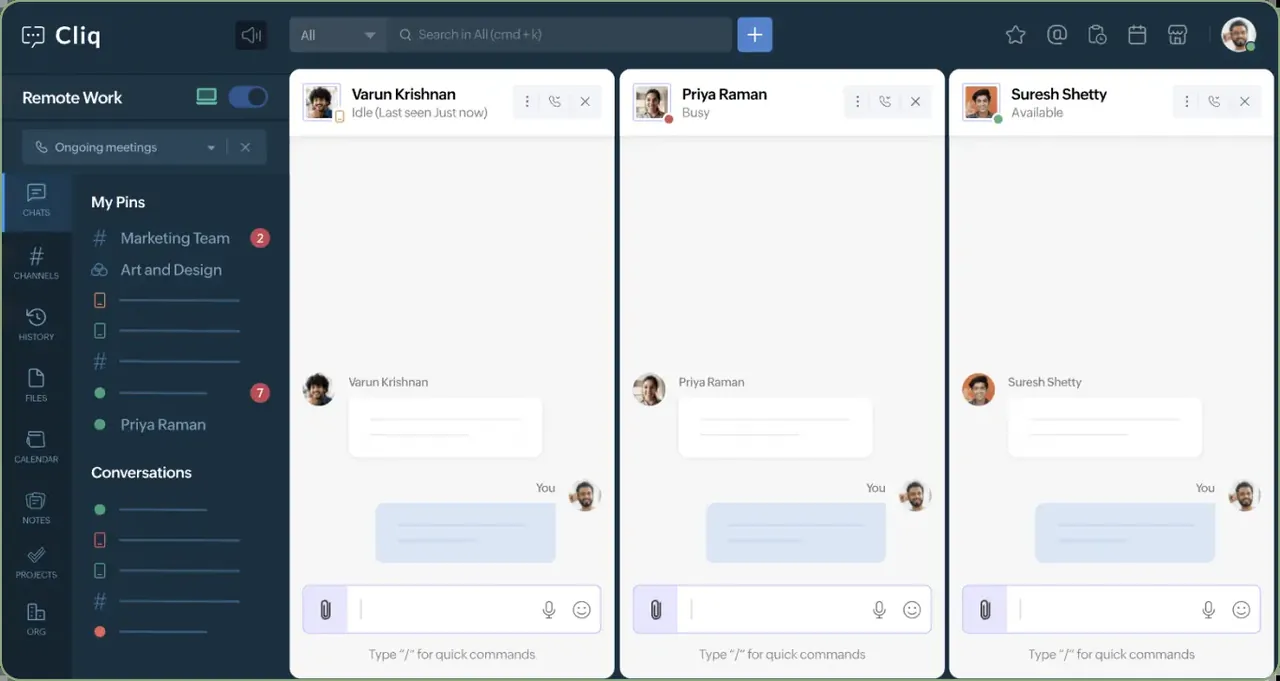 Zoho One screenshot: Zoho Cliq team chat, by channel.