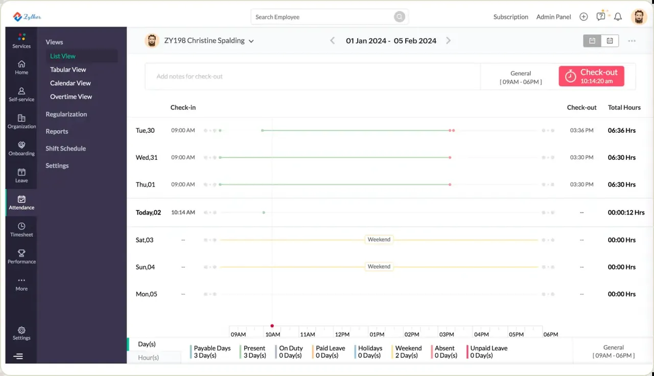 Zoho One screenshot: an employee's attendance by day in Zoho People.