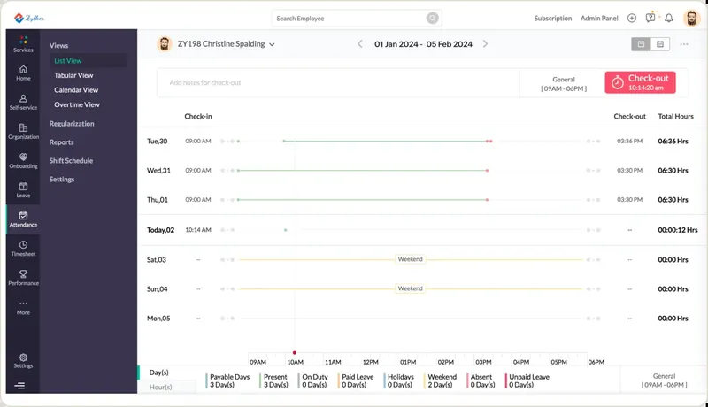 Zoho One screenshot: an employee's attendance by day in Zoho People.