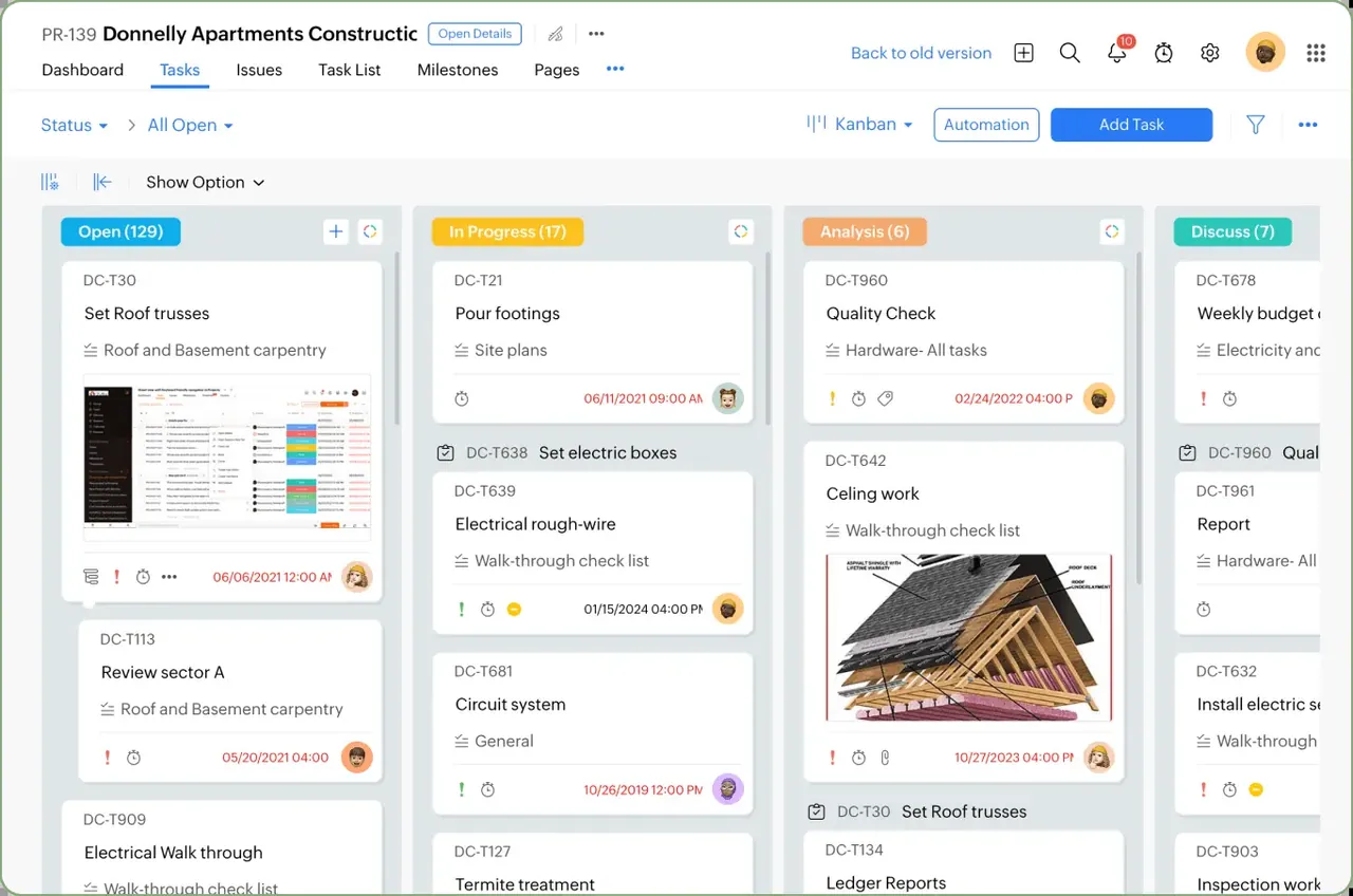 Zoho One screenshot: a project's tasks in status columns in Zoho Projects.