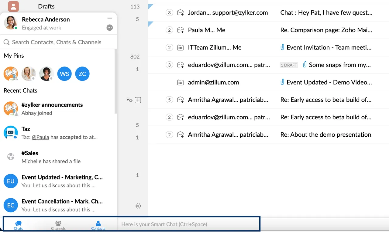 Zoho Cliq screenshot: team channels and recent messages.