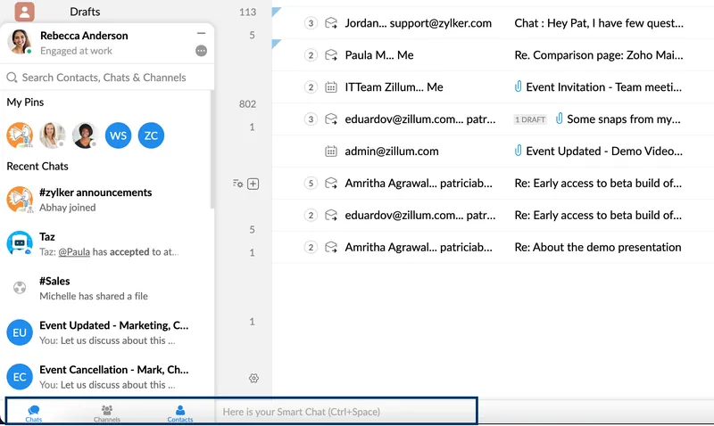 Zoho Cliq screenshot: team channels and recent messages.