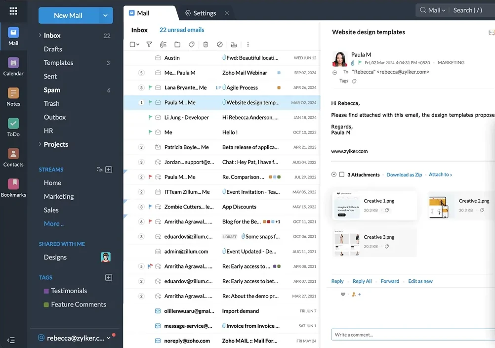 Zoho Mail screenshot: the inbox list and an open email with attachments.