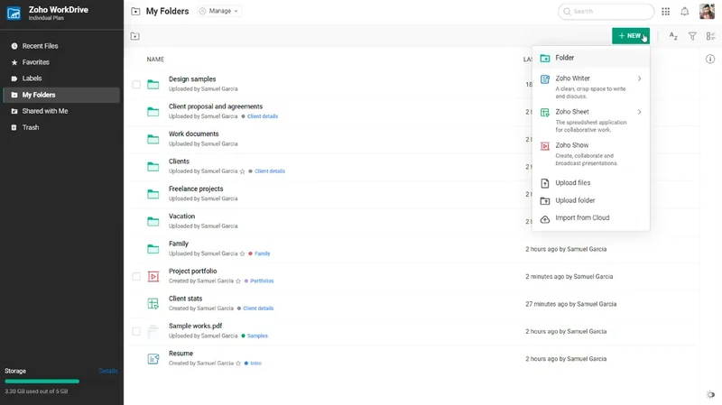 Zoho WorkDrive screenshot: team folders and access rights.
