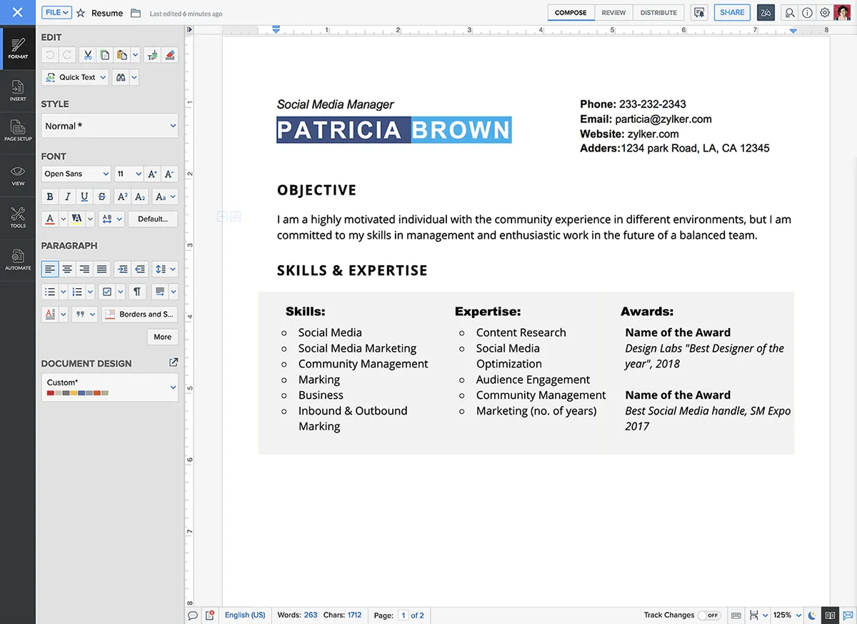 Zoho Writer screenshot: a document open for editing.